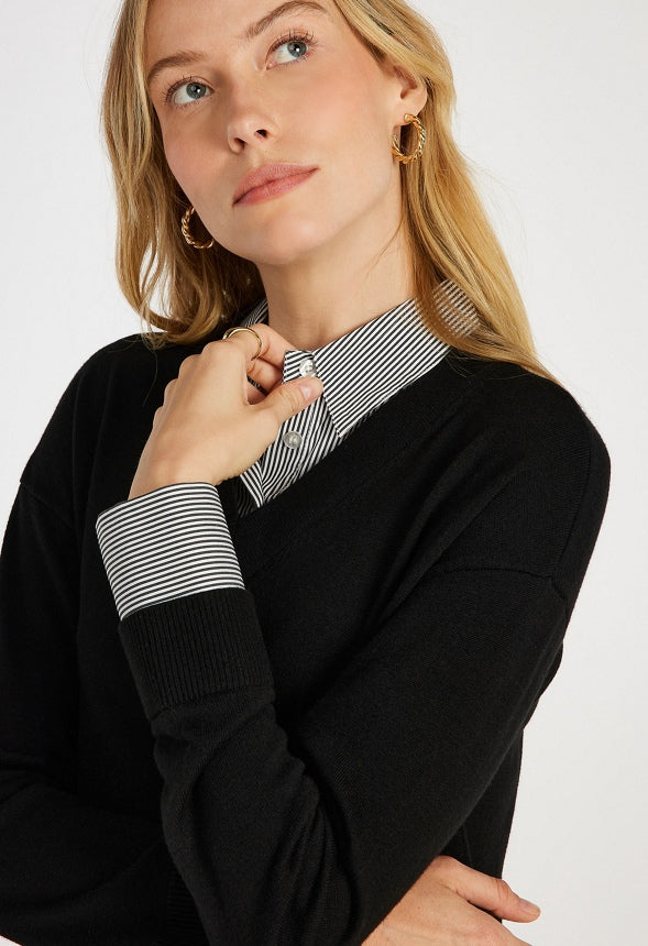 Combo Shirt Mini Dress Black Caviar/ Stripe