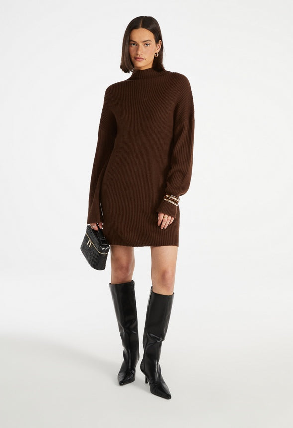 Turtleneck Rib Mini Long Sleeve Dress Cappuccino