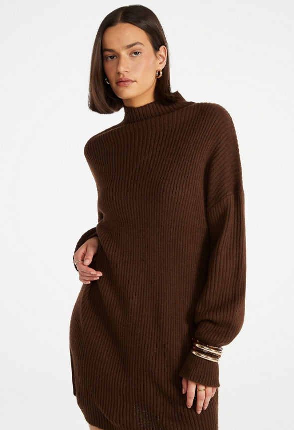 Turtleneck Rib Mini Long Sleeve Dress Cappuccino