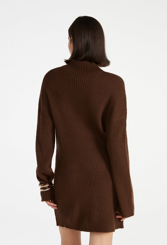 Turtleneck Rib Mini Long Sleeve Dress Cappuccino