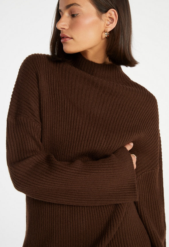 Turtleneck Rib Mini Long Sleeve Dress Cappuccino