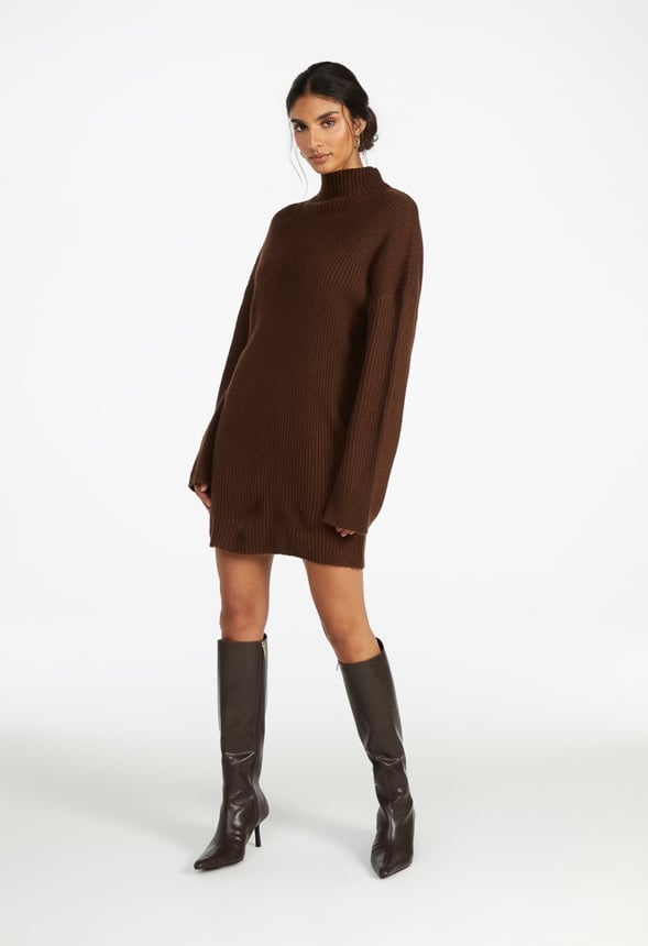 Turtleneck Rib Mini Long Sleeve Dress Cappuccino