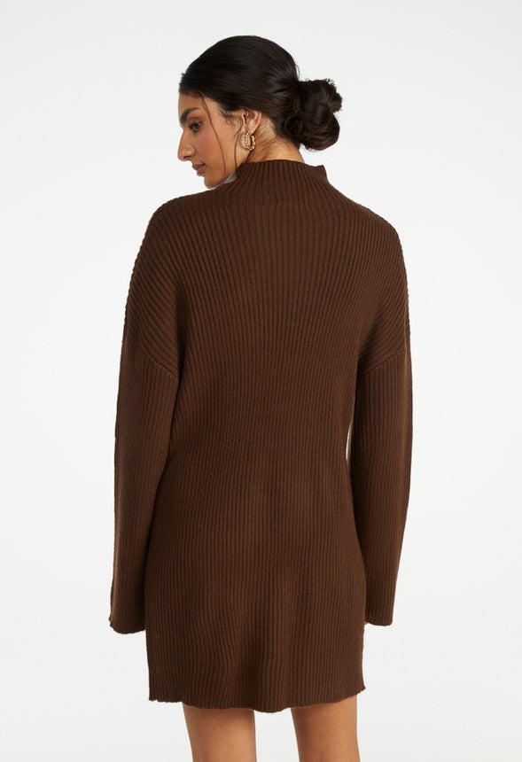 Turtleneck Rib Mini Long Sleeve Dress Cappuccino