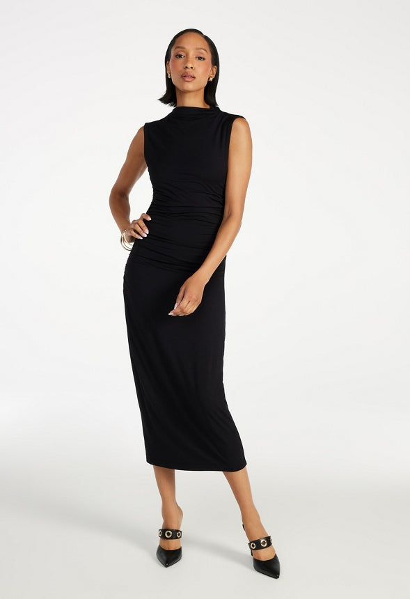 Ruched Mock Neck Midi Tank Dress Black Caviar