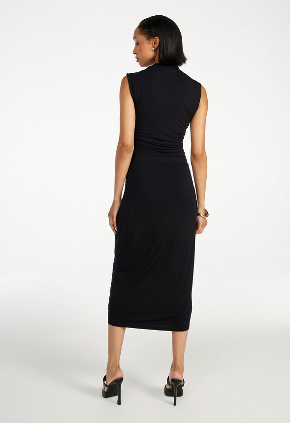 Ruched Mock Neck Midi Tank Dress Black Caviar