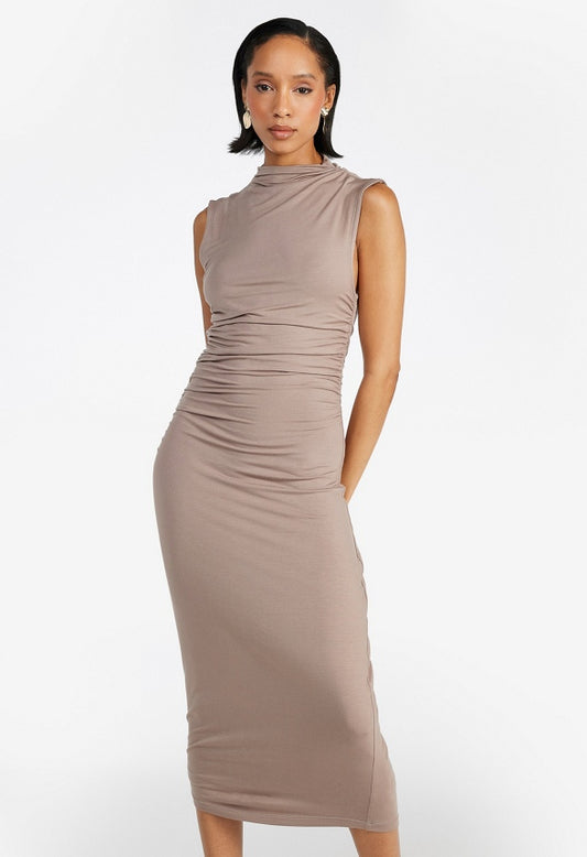 Ruched Mock Neck Midi Tank Dress Natural