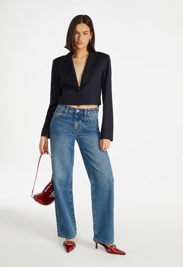 Cropped Pinstripe Blazer Navy/ White Pinstripe