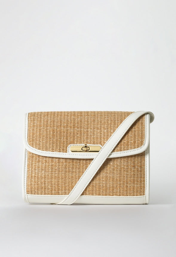 RAFFIA CROSSBODY WITH FAUX LEATHER TRIM Natural/ White