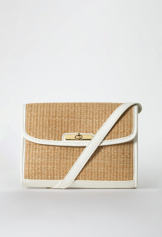 RAFFIA CROSSBODY WITH FAUX LEATHER TRIM Natural/ White
