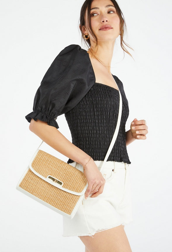 RAFFIA CROSSBODY WITH FAUX LEATHER TRIM Natural/ White