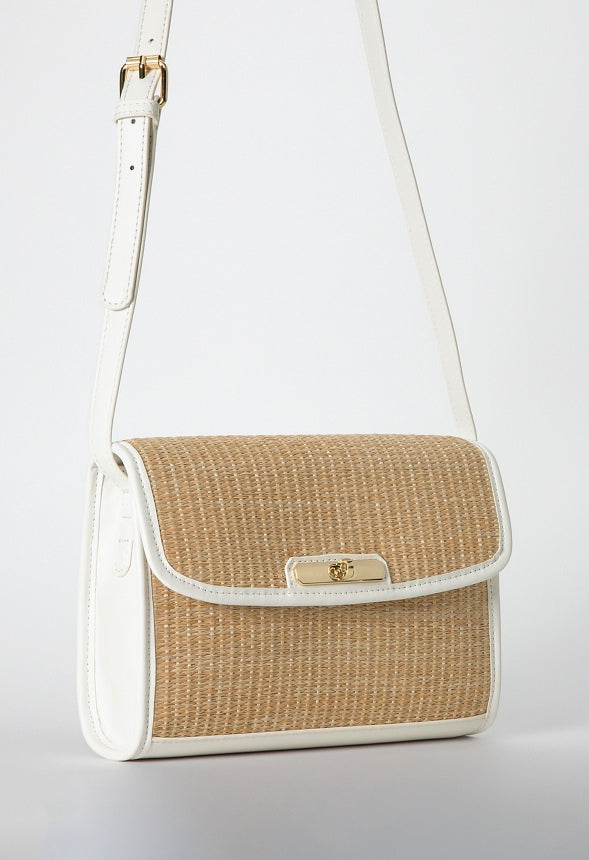 RAFFIA CROSSBODY WITH FAUX LEATHER TRIM Natural/ White