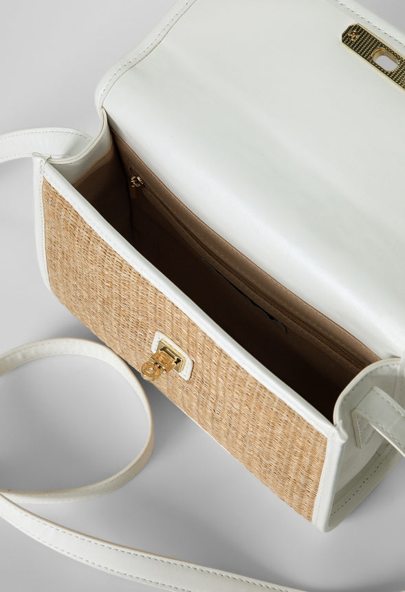 RAFFIA CROSSBODY WITH FAUX LEATHER TRIM Natural/ White