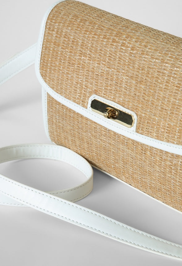 RAFFIA CROSSBODY WITH FAUX LEATHER TRIM Natural/ White