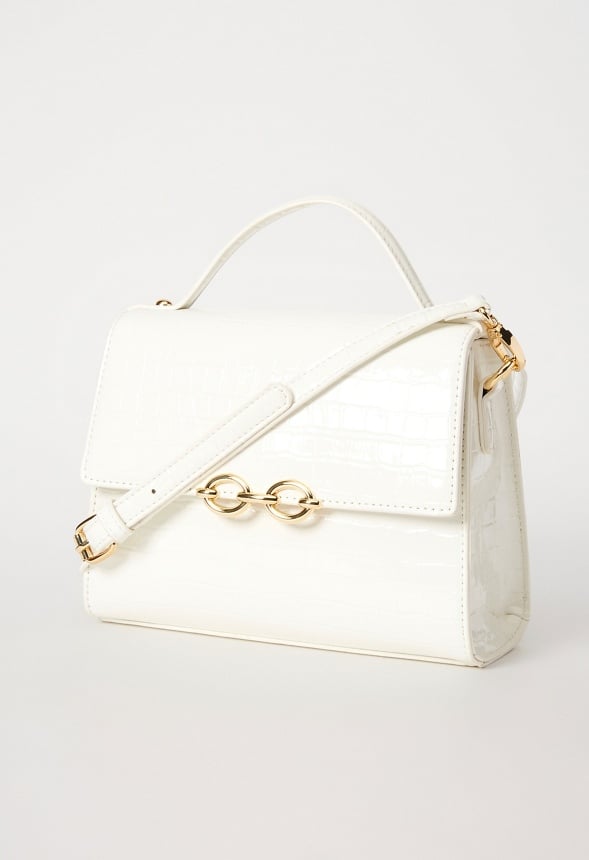 Chain Hardware Top Handle Crossbody Bright White Croc