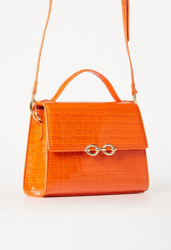 Chain Hardware Top Handle Crossbody Mandarin Orange Croc