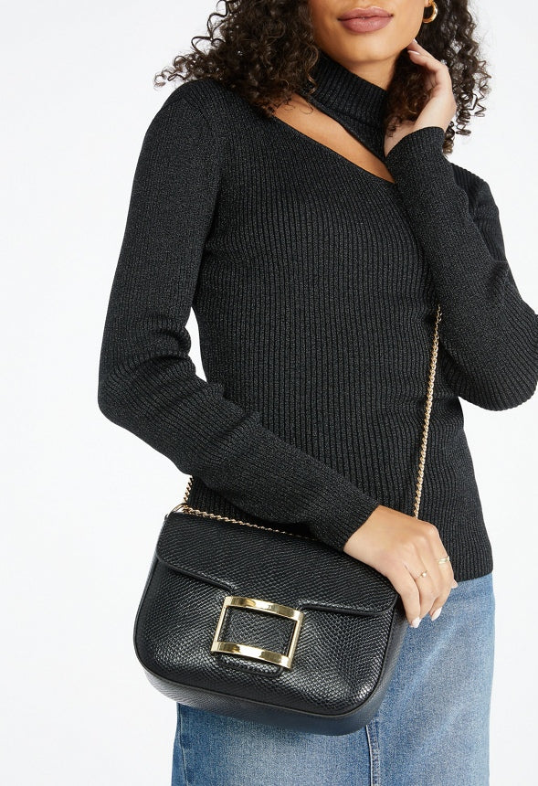 Flap Crossbody With Rectangle Hardware Black Snake
