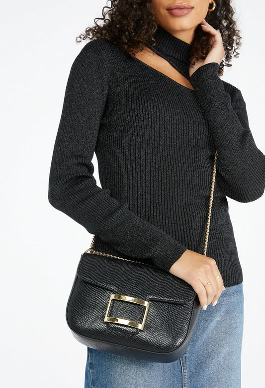 Flap Crossbody With Rectangle Hardware Black Snake