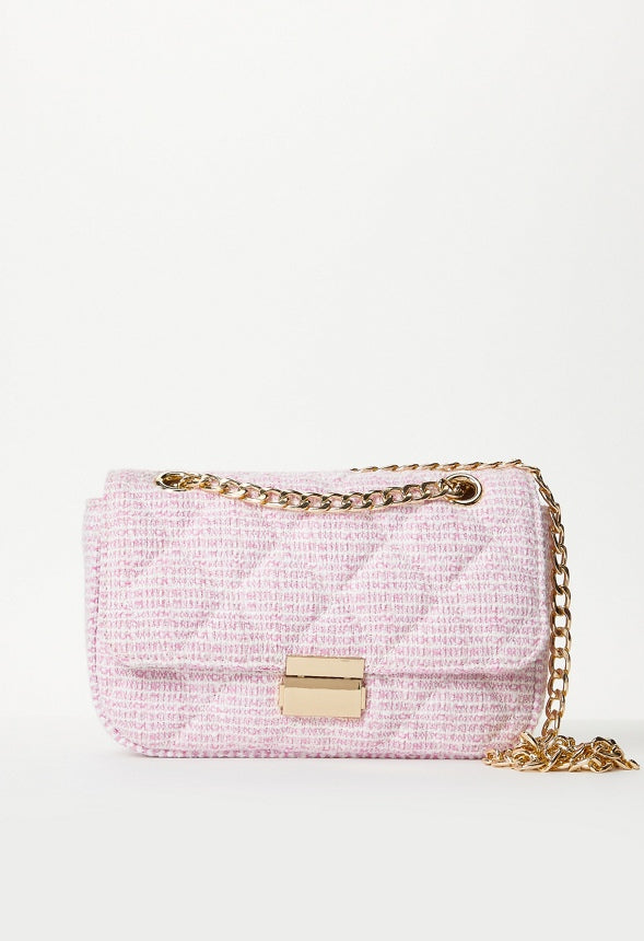 Quilted Push Lock Crossbody Candy Pink Tweed