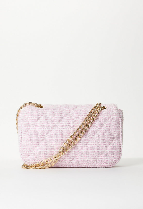 Quilted Push Lock Crossbody Candy Pink Tweed