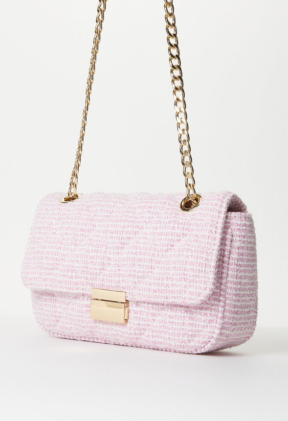 Quilted Push Lock Crossbody Candy Pink Tweed