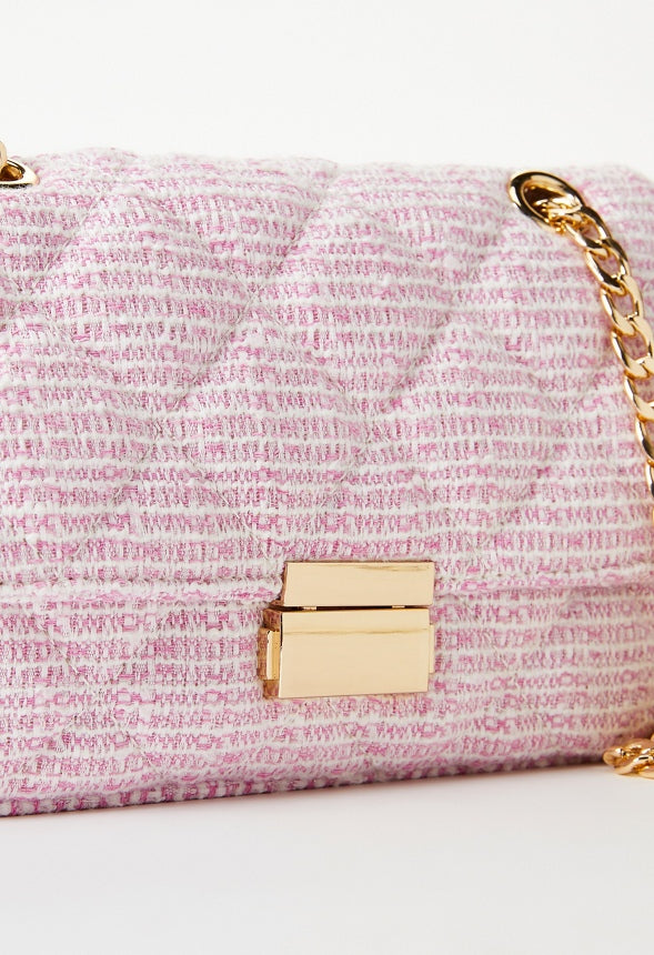 Quilted Push Lock Crossbody Candy Pink Tweed