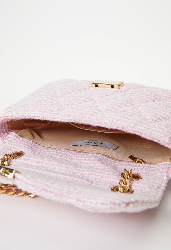 Quilted Push Lock Crossbody Candy Pink Tweed
