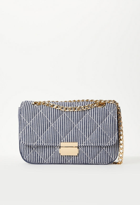 Quilted Push Lock Crossbody White/ Blue Denim Stripe