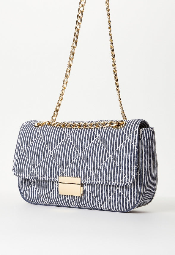 Quilted Push Lock Crossbody White/ Blue Denim Stripe