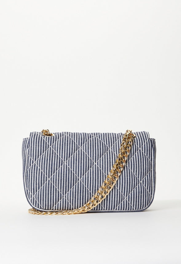 Quilted Push Lock Crossbody White/ Blue Denim Stripe