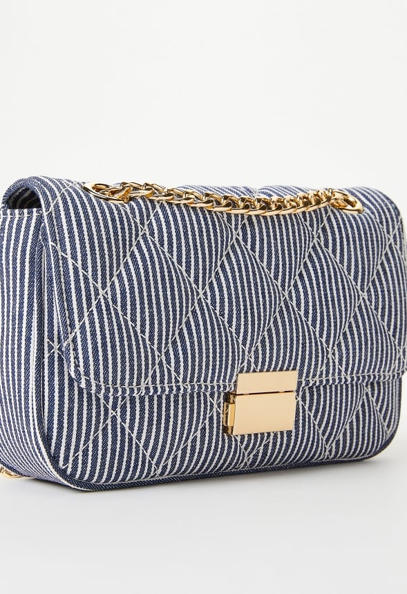 Quilted Push Lock Crossbody White/ Blue Denim Stripe
