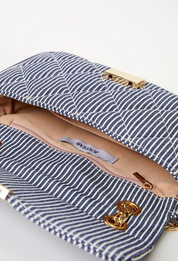 Quilted Push Lock Crossbody White/ Blue Denim Stripe