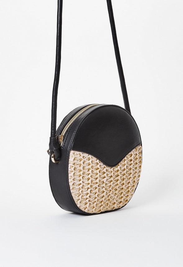 Contrast Raffia Canteen Crossbody Black/ Natural