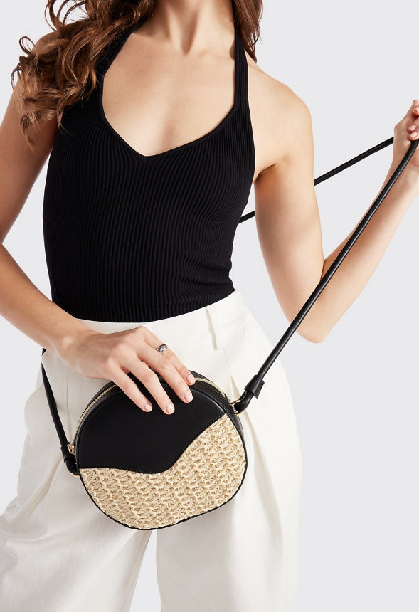 Contrast Raffia Canteen Crossbody Black/ Natural