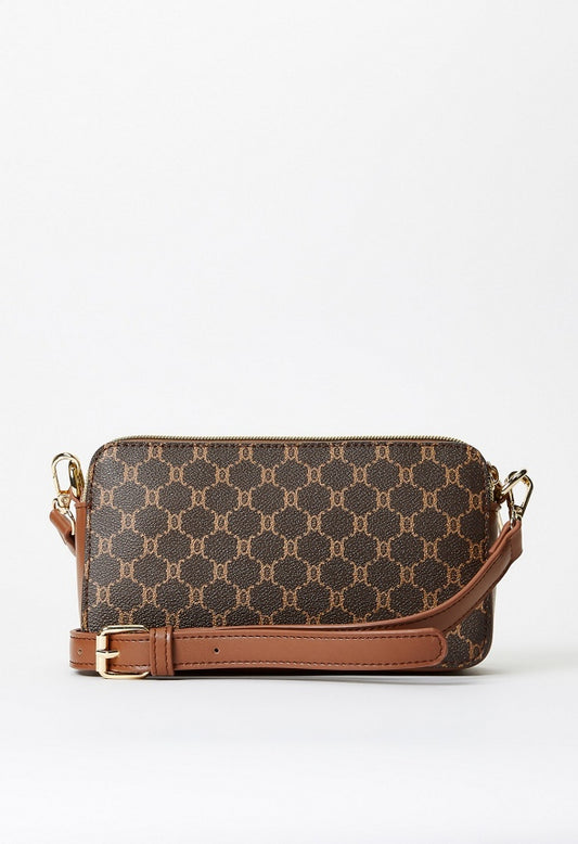 Double Pocket Zippered Crossbody Brown Logo