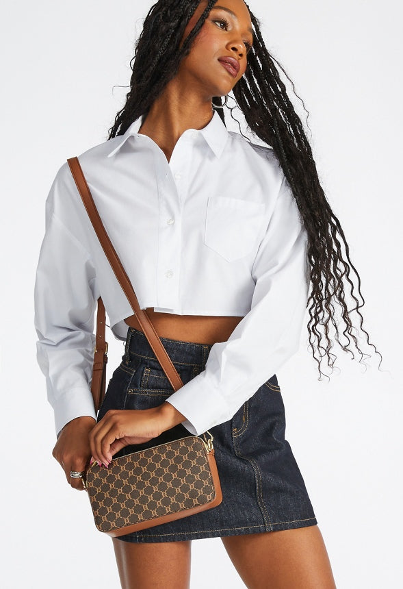 Double Pocket Zippered Crossbody Brown Logo