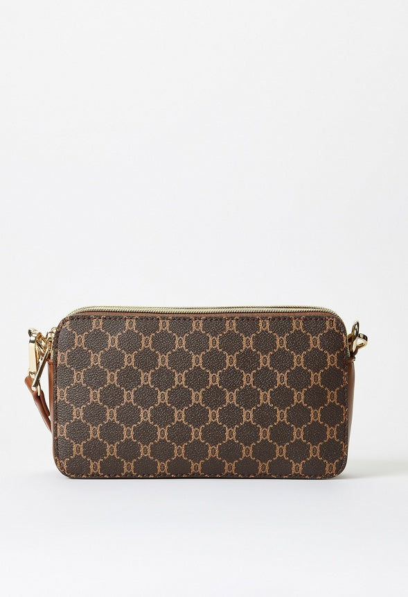 Double Pocket Zippered Crossbody Brown Logo