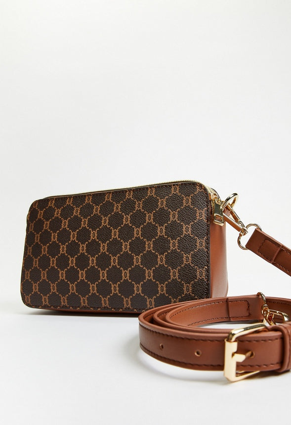 Double Pocket Zippered Crossbody Brown Logo