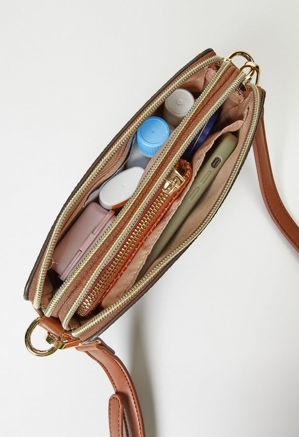 Double Pocket Zippered Crossbody Brown Logo