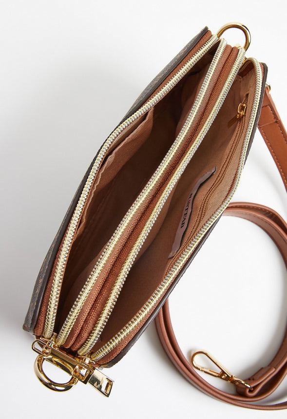 Double Pocket Zippered Crossbody Brown Logo