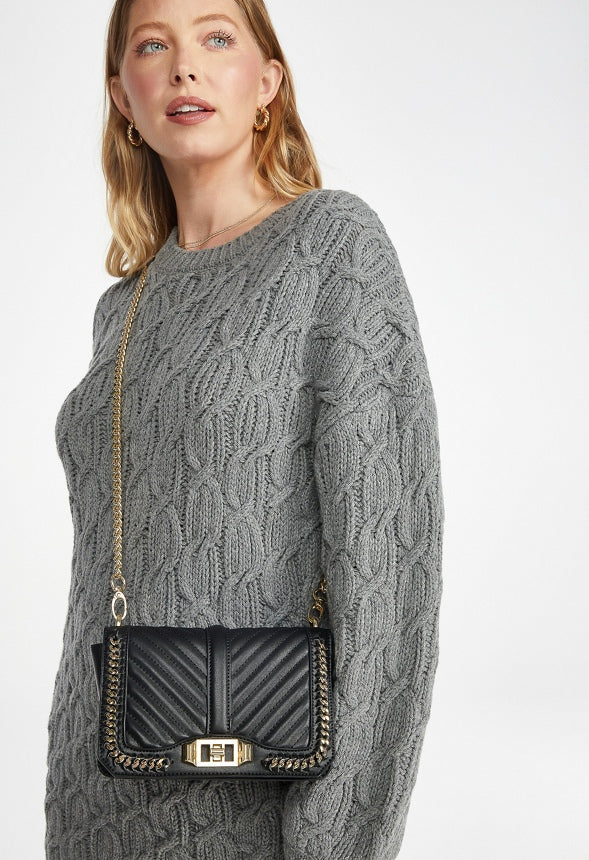 Quilted Flap Crossbody With Chain Black