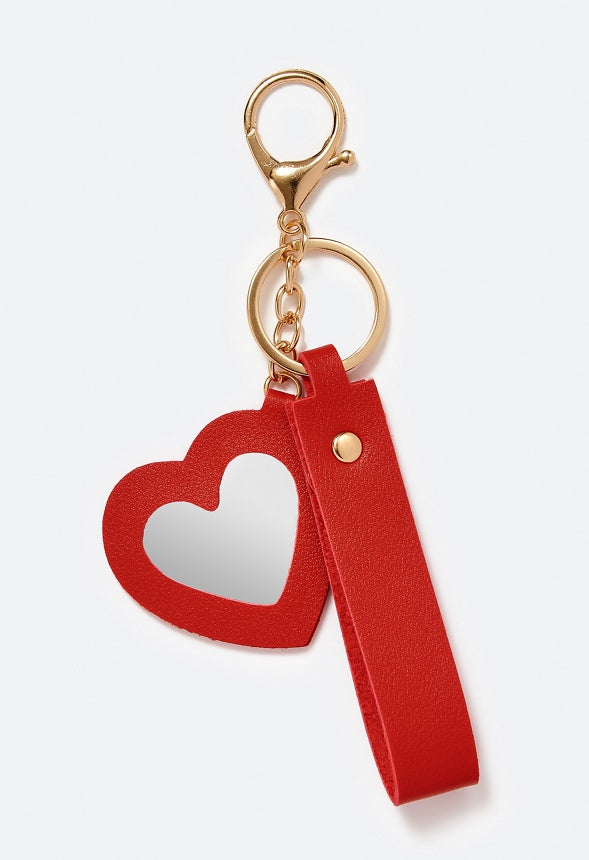 Emma Faux Leather Key Ring With Heart Mirror Charm Red/ Gold