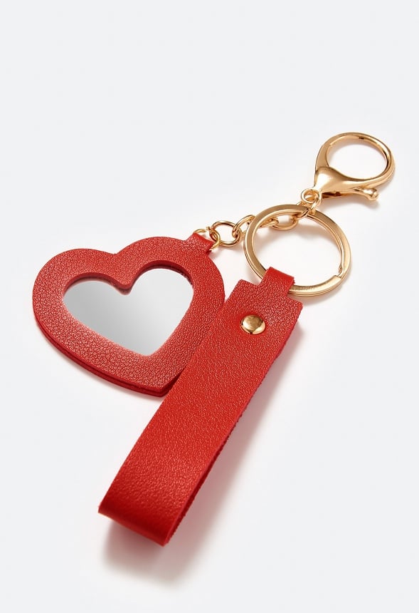 Emma Faux Leather Key Ring With Heart Mirror Charm Red/ Gold