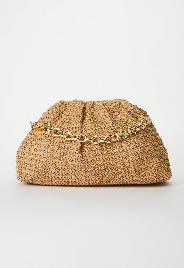 RAFFIA RUCHED CLUTCH WITH CHAIN Natural