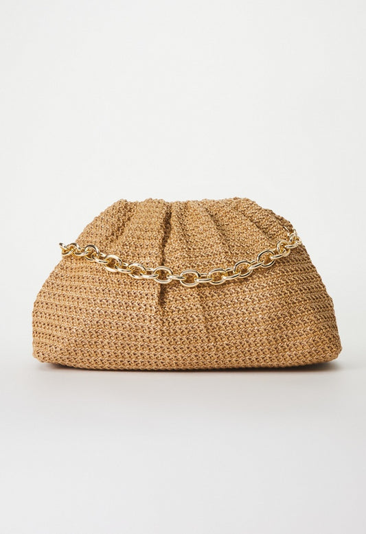 RAFFIA RUCHED CLUTCH WITH CHAIN Natural