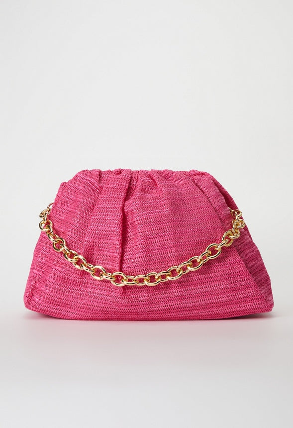RAFFIA RUCHED CLUTCH WITH CHAIN Fuchsia
