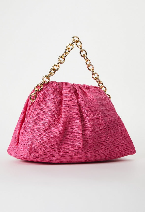 RAFFIA RUCHED CLUTCH WITH CHAIN Fuchsia