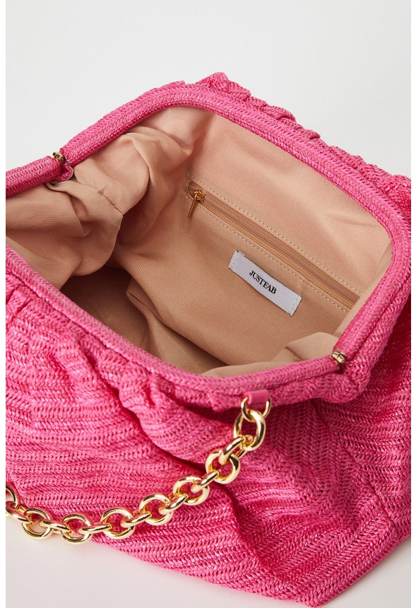 RAFFIA RUCHED CLUTCH WITH CHAIN Fuchsia