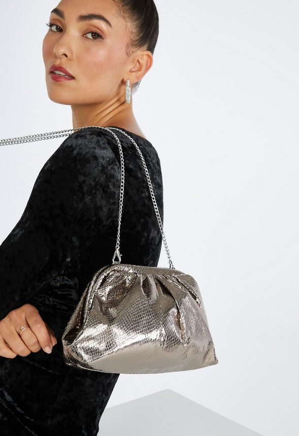 Ruched Mini Pouch Gunmetal Snake
