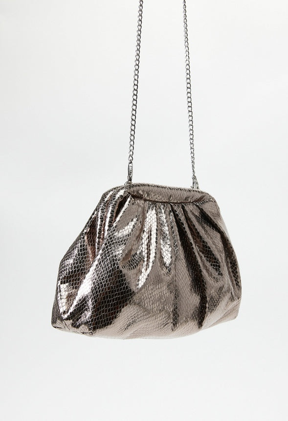Ruched Mini Pouch Gunmetal Snake