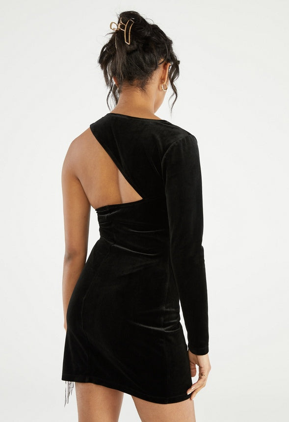 RHINESTONE FRINGE VELVET DRESS Caviar